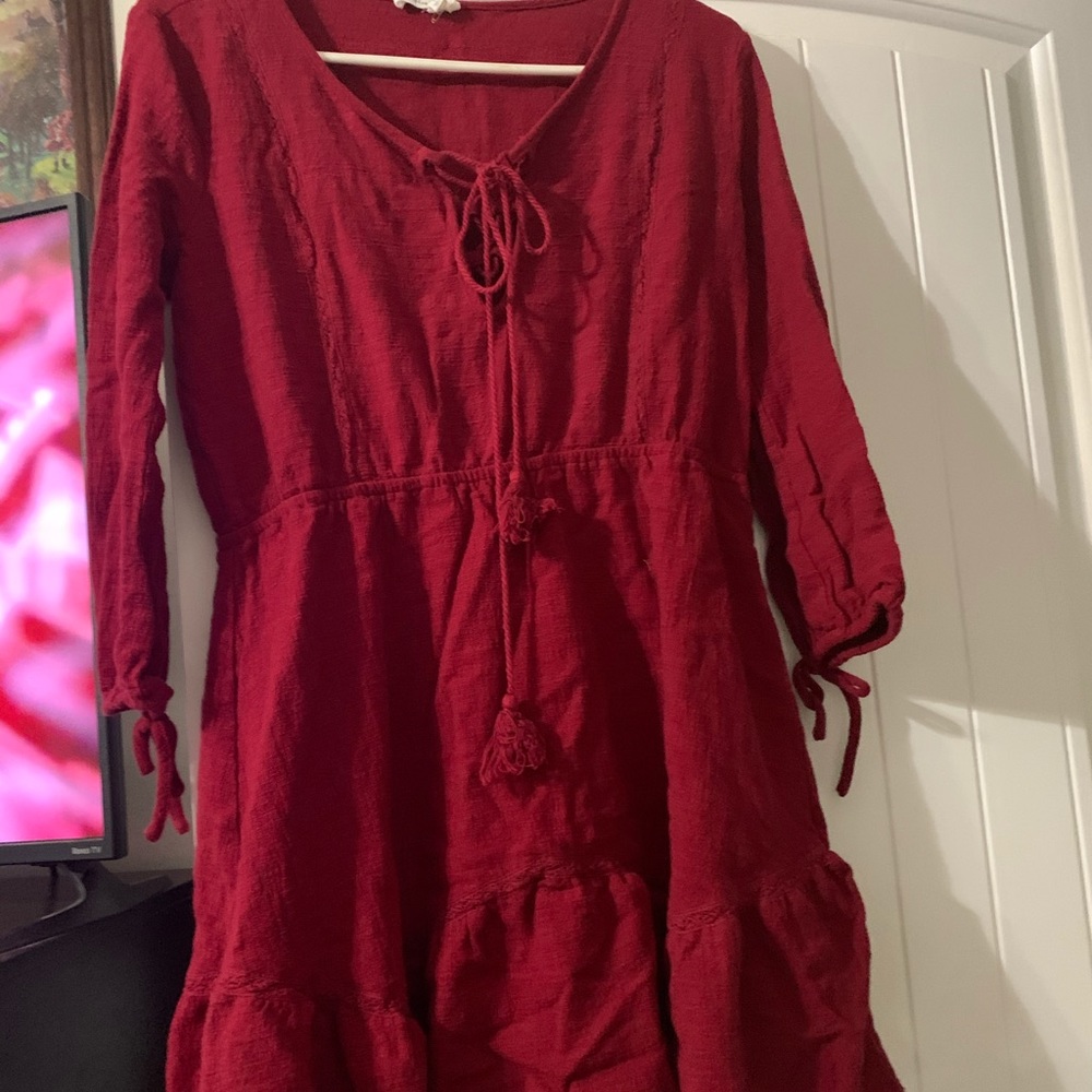 NWT Burgundy Smock Waist Lace Up Flirty Boho Dress